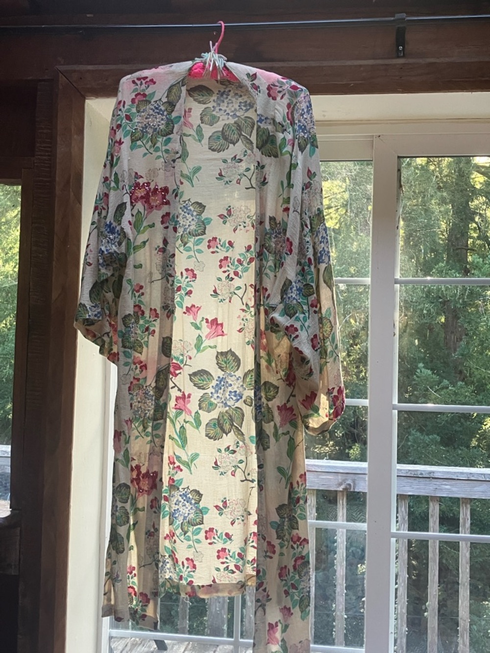 Anthropologie Floral Cream Kimono Robe with Pink & Blue Accents